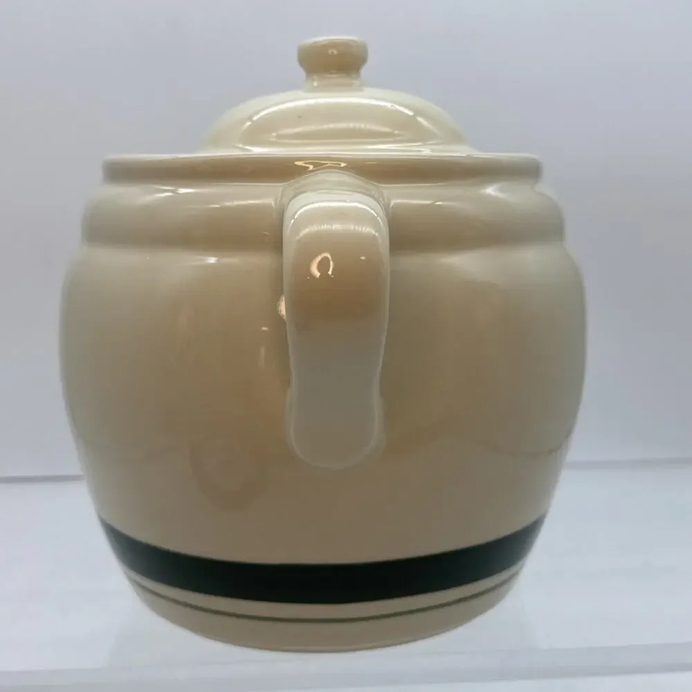 Roseville Ohio 3 Qt. Bean Pot Cookie Jar with Lid Green Stripes READ